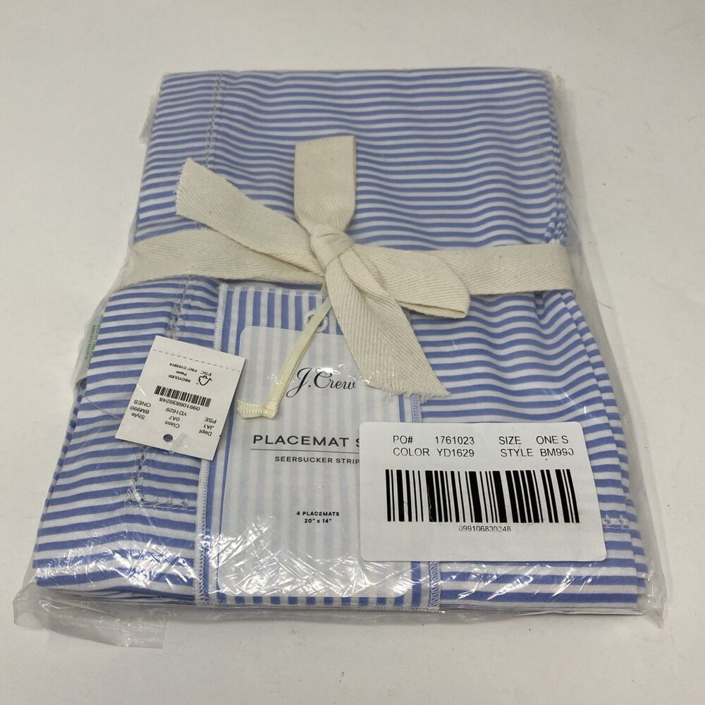 J.Crew Set of Four Place Mats in Heritage Seersucker Stripe Blue White New